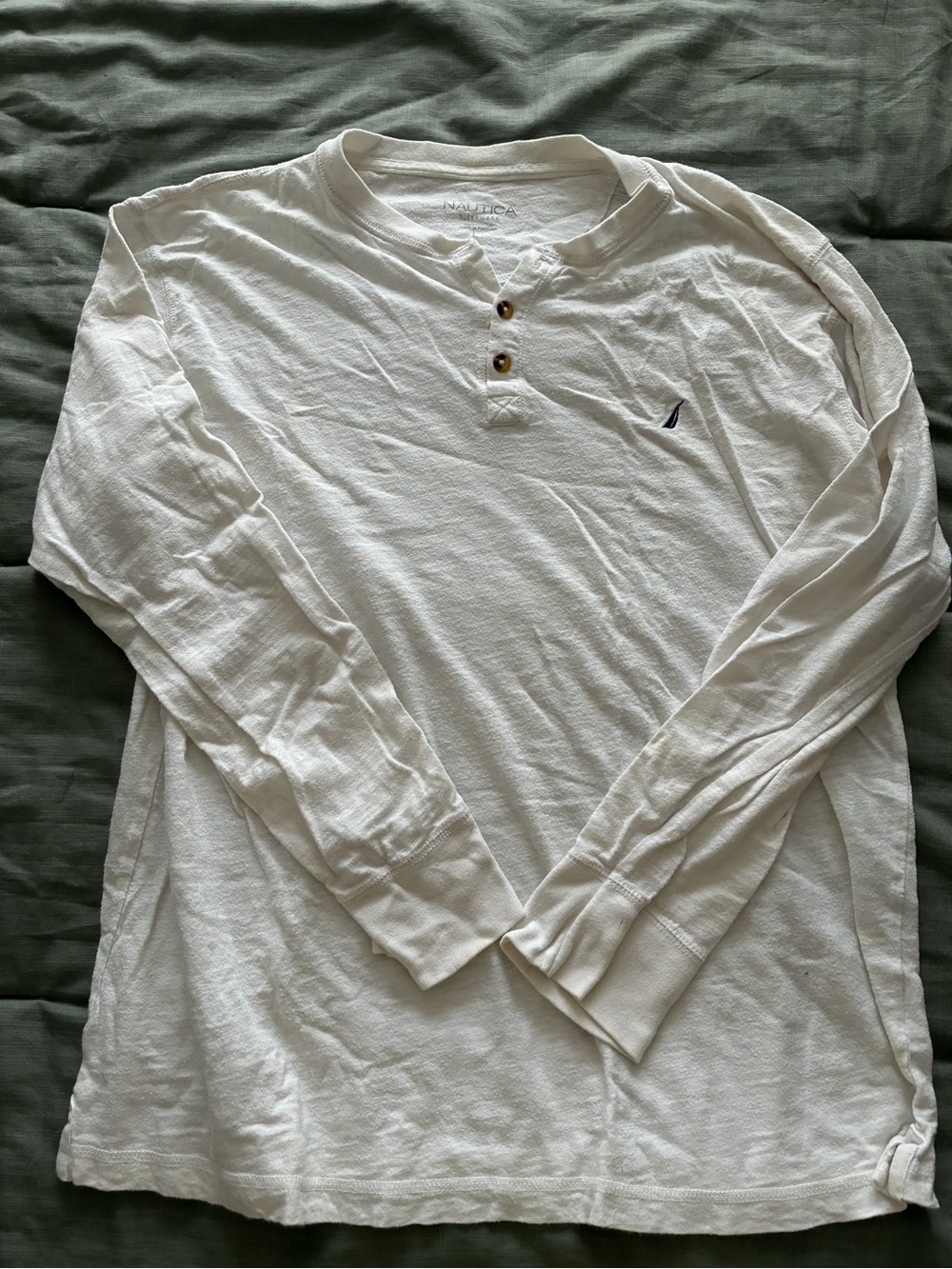 Nautica White Long-Sleeve Henley with Navy Logo